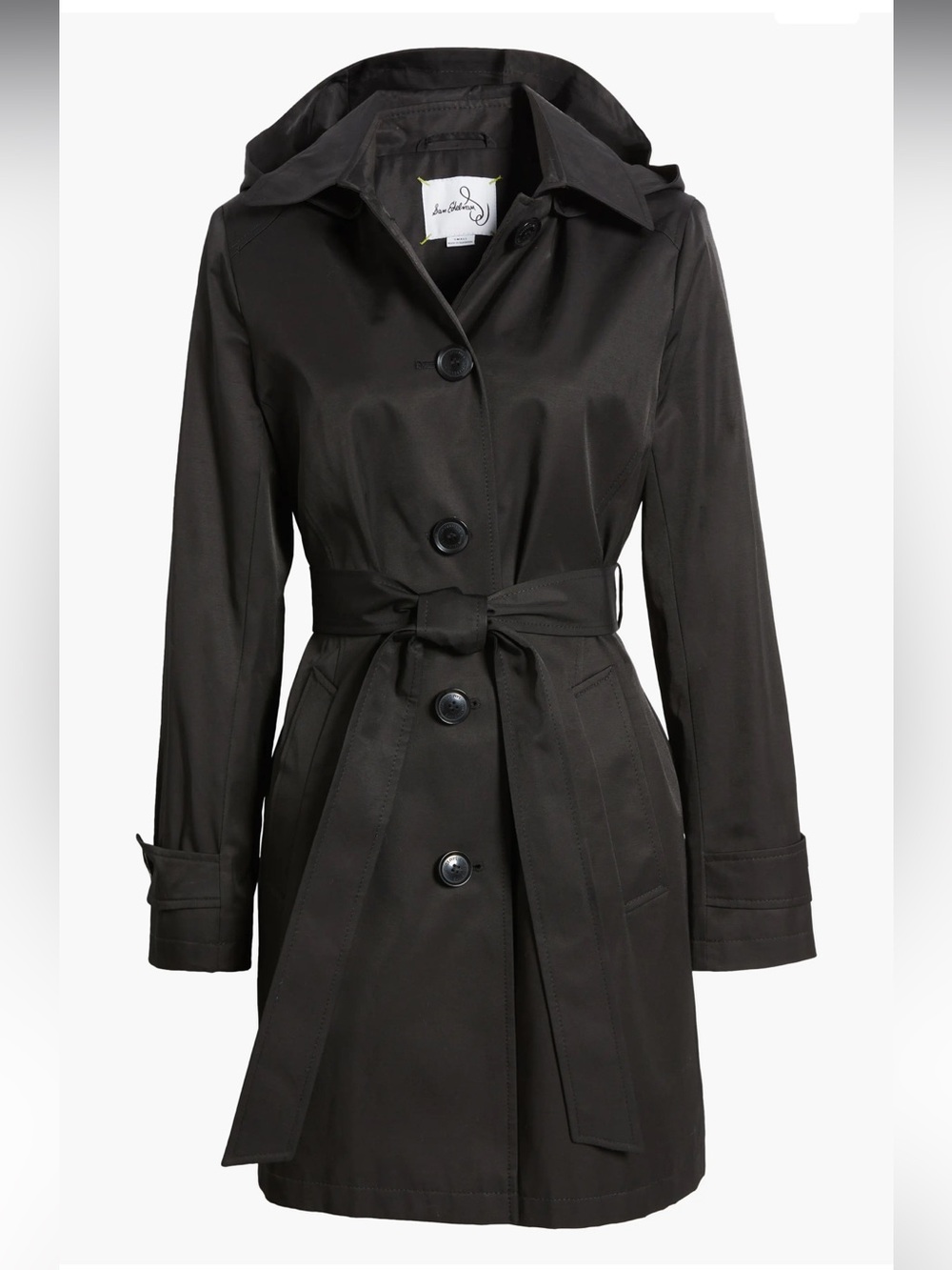 Sam Edelman Black Hooded Trench Coat with Tie Belt and removable hood